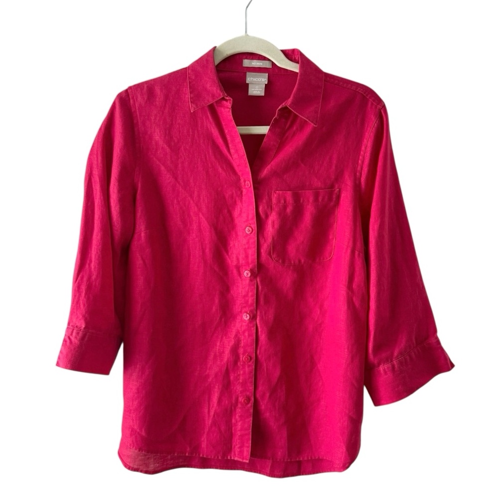Chicos Linen Button Down Size Small Red Collared 3/4 Sleeve Top No Iron